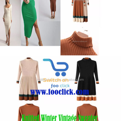 Knitted Winter Vintage Sweater Formal Maxi Dress Long Sleeve Cotton