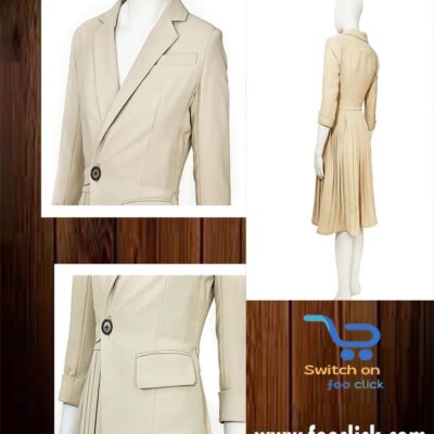 Sleeve Symmetric Lapel With Pleated Khaki Skirt Blazer Dress set