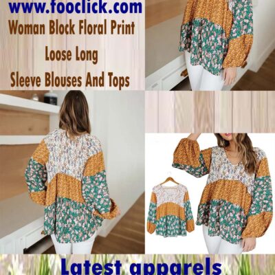 Woman Block Floral Print Loose Long Sleeve Blouses And Tops