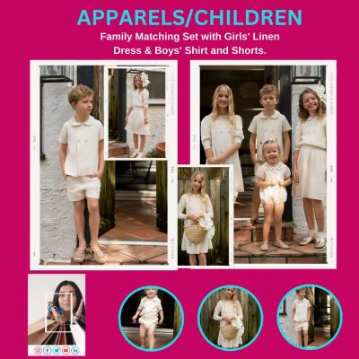 AS Linen Family Matching Set with Girls’ Linen Dress & Boys’ Shirt and Shorts